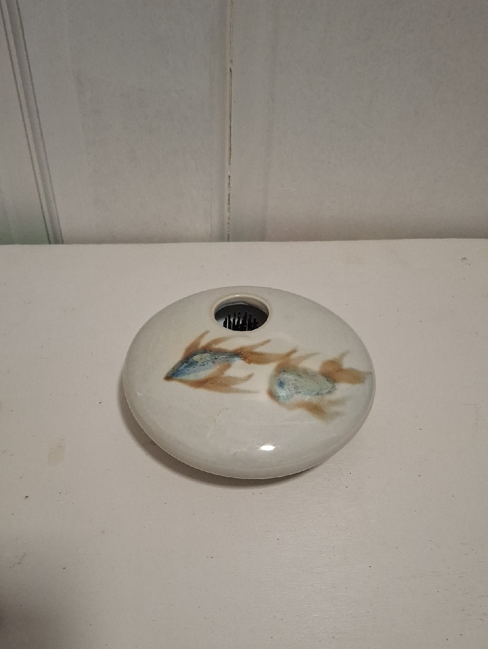 Ikebana Ceramic Flower Frog Bud Vase with Blue and Tan Fish Motif